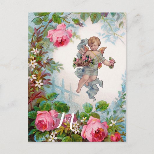 CARTE POSTALE ANGE ROMANTIQUE RASSEMBLANT ROSES ET FLEURS ROSES  (Devant)