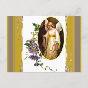 Carte Postale Angel Avec Harpe Et Fleurs Clematis