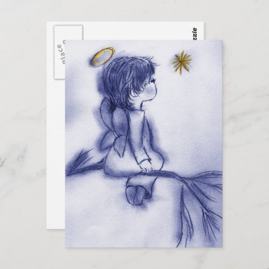 Carte Postale Angel en attente sur une étoile - Tint Bleu (Devant / Derrière)