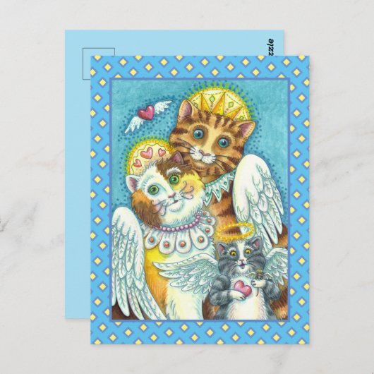 CARTE POSTALE ANGES CHAT, CHATON & SOURIS AU CIEL, HALO & AILES (Devant / Derrière)