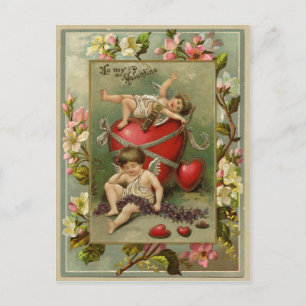 Carte Postale Anges chérubins et cœurs reproduction vintage