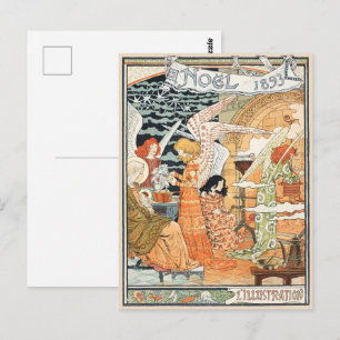 Carte Postale Anges de Noël et Madone Art Nouveau vintage