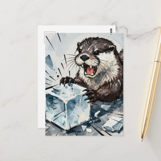 Carte Postale Angry otter breaking an ice block  (Devant/Arrière en situation)