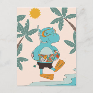 Carte Postale Animal Happy Summer Hippo Play sur la plage