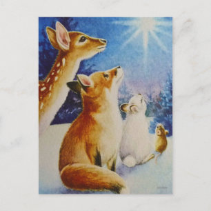 Carte Postale Animaux de bois Voir Noël Star Aquarelle Art