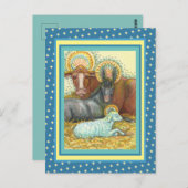 CARTE POSTALE ANIMAUX DE LA NATIVITÉ EN STABLE, OX, ÂNE ET MOUCH (Devant / Derrière)