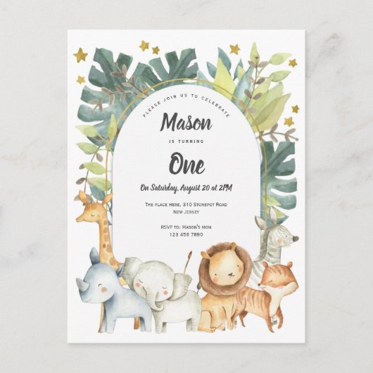 Carte Postale Animaux, Jungle invitation de premier anniversaire (Devant)
