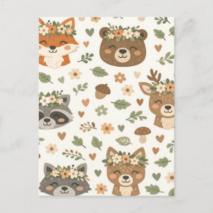 Carte Postale Animaux mignons de la forêt motif floral
