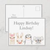 Carte Postale Animaux mignons Typographie aquarelle Anniversaire (Devant / Derrière)