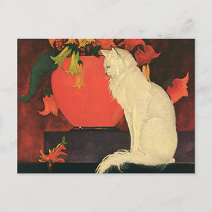Carte Postale Animaux vintages, Chat blanc élégant, Fleurs d'aut