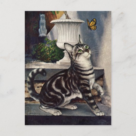 Carte Postale Animaux vintages, mignon Tabby Cat papillon (Devant)