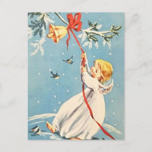 Carte Postale Anneau d'ange blond sonnant une cloche dorée ruban