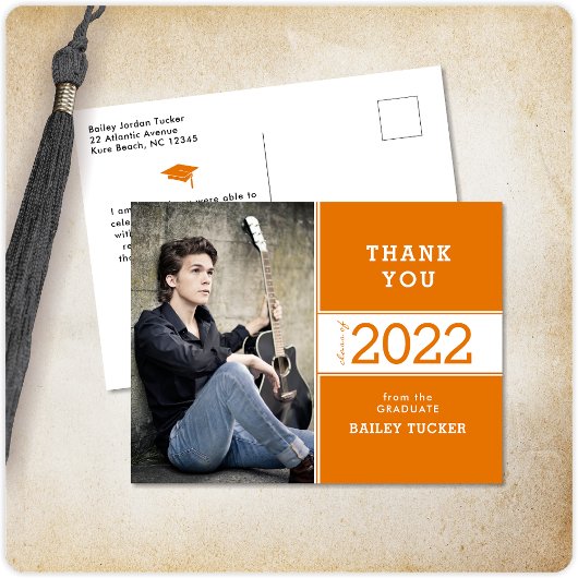 Carte Postale Année de classe Orange White Photo Merci de gradua