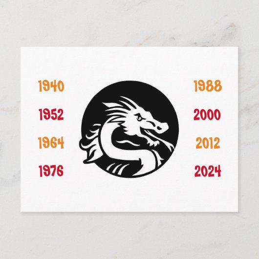 Carte Postale Années chinoises du Dragon 1940 à 2024 (Devant)