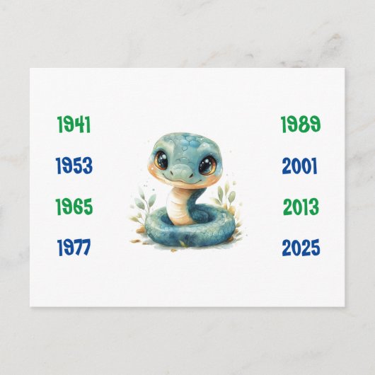 Carte Postale Années chinoises du serpent 1941 à 2025 (Devant)