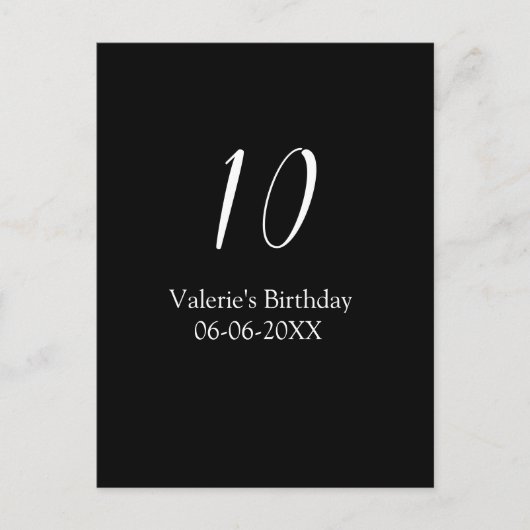 Carte Postale anniversaire 10 ans blanc noir nom date calligraph (Devant)