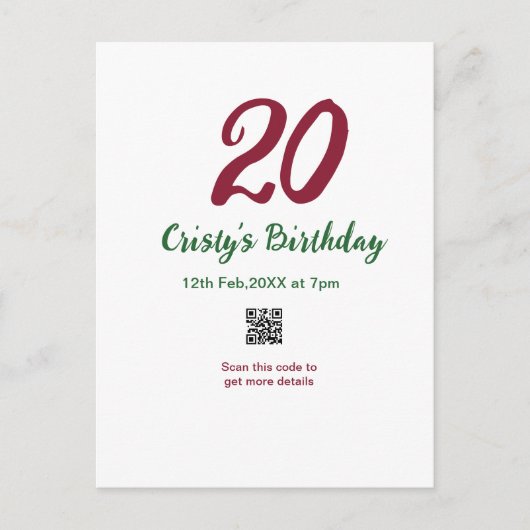 Carte Postale anniversaire 20 ANS MARON code qr gras rétro vert (Devant)