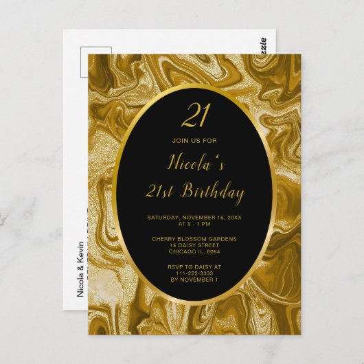 Carte Postale Anniversaire 21 ans Marbre Agate Or (Devant / Derrière)