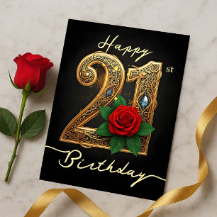 Carte Postale Anniversaire 21 ans Rose Rouge Glamour Orné Doré 