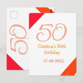 Carte Postale anniversaire 50 ans orange rouge ajouter nom date (Devant / Derrière)