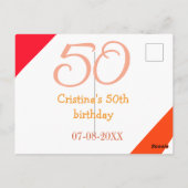 Carte Postale anniversaire 50 ans orange rouge ajouter nom date (Dos)