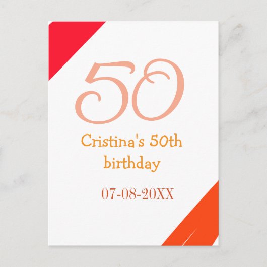 Carte Postale anniversaire 50 ans orange rouge ajouter nom date (Devant)