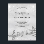 Carte Postale Anniversaire argent note 40e invitation<br><div class="desc">Une carte d'invitation branchée et moderne pour 40e anniversaire. Un arrière - plan faux argenté, avec des notes de musique, des lettres de couleur noire.Décoré avec de la poussière de parties scintillant fausse. Personnalisez et ajoutez un nom et des informations de partie. Retour : arrière - plan argent, design de...</div>