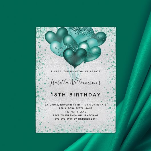 Carte Postale Anniversaire argent turquoise parties scintillant