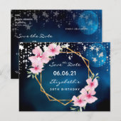 Carte Postale Anniversaire bleu lune rose floral Enregistrer la  (Devant / Derrière)