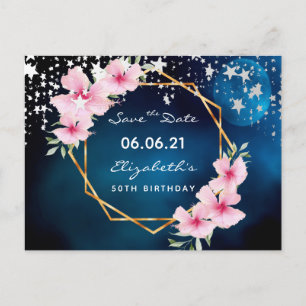 Carte Postale Anniversaire bleu lune rose floral Enregistrer la 