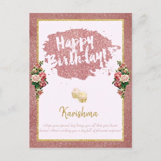 Carte Postale anniversaire Changement de nom personnel Rose or C (Devant)