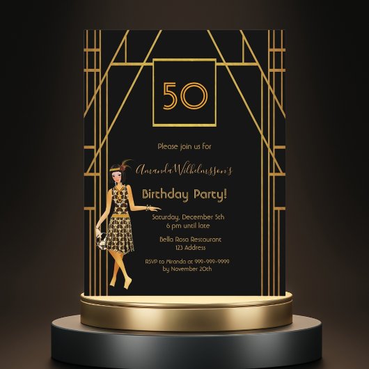 Carte Postale Anniversaire de fête d'or noir 1920's style invita