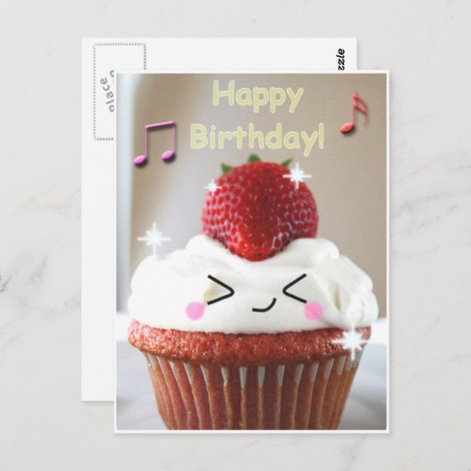 Carte Postale anniversaire de fraise de cupcake (Devant / Derrière)