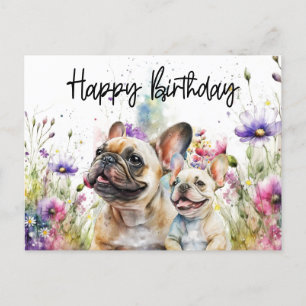 Carte Postale Anniversaire de French Bulldog dans un champ de fl