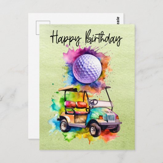 Carte Postale Anniversaire de golf avec chariot de golf aquare (Devant / Derrière)