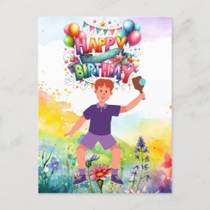 Carte Postale Anniversaire de Pickleball avec des fleurs et un a