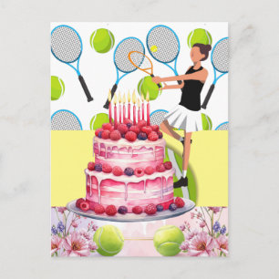 Carte Postale Anniversaire de Tennis avec joueuse et fleur 