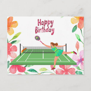 Carte Postale Anniversaire de Tennis avec joueuse et fleur