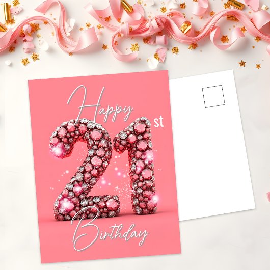 Carte Postale Anniversaire des 21 ans avec pierre précieuse rose