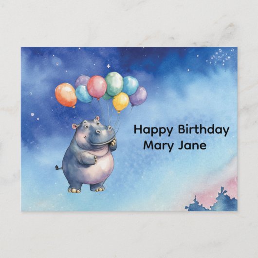 Carte Postale Anniversaire d'Hippopotame avec des ballons (Devant)