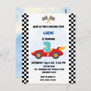 Carte Postale Anniversaire Dinosaur voiture de course garçon cou