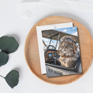 Carte Postale Anniversaire Drôle Chat Pilote & Avion Aviation An