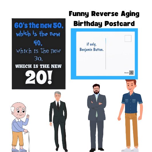Carte Postale anniversaire drôle de vieillissement inverse de be