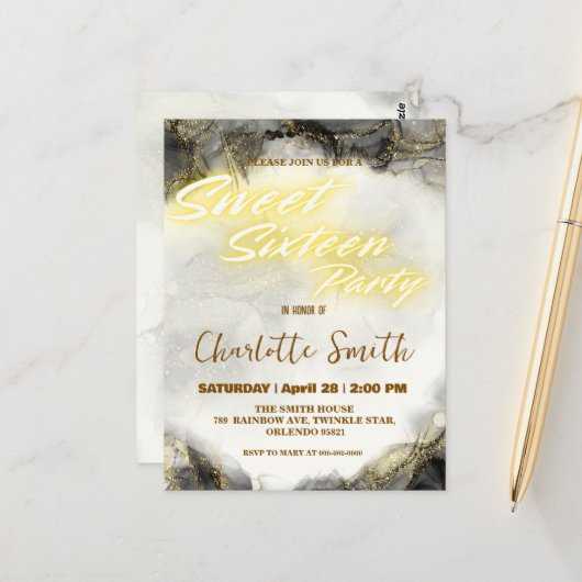 Carte Postale Anniversaire élégant néon or rose marbre 16 ans (Devant/Arrière en situation)