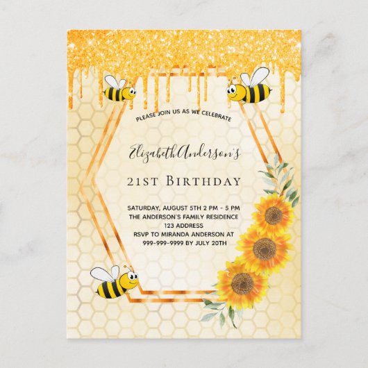 Carte Postale Anniversaire fête abeilles tournesol parties scint (Devant)