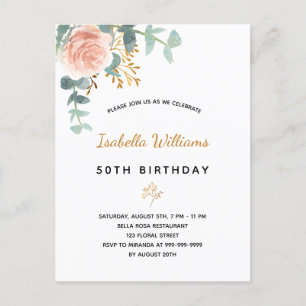 Carte Postale Anniversaire floral rose or eucalyptus élégant