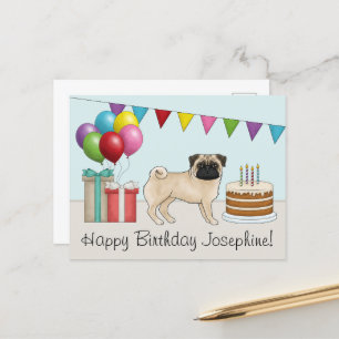 Carte Postale Anniversaire joyeux Pug Fauve Mignon Dessin Animé