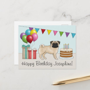 Carte Postale Anniversaire joyeux Pug Fauve Mignon Dessin Animé