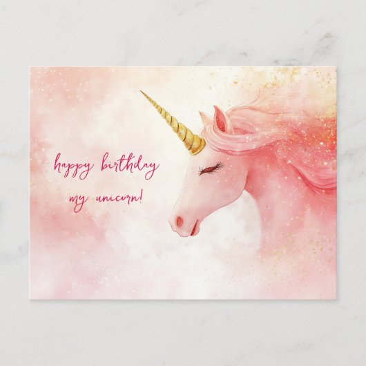 Carte Postale Anniversaire Licorne Rose (Devant)