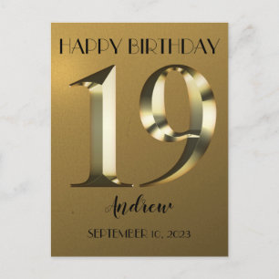 Carte Postale Anniversaire métallisé or 19 ans